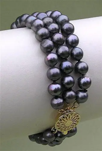 

NEW 3 rows natural breeding freshwater black pearl bracelet 7- 8 mm, 7.5"
