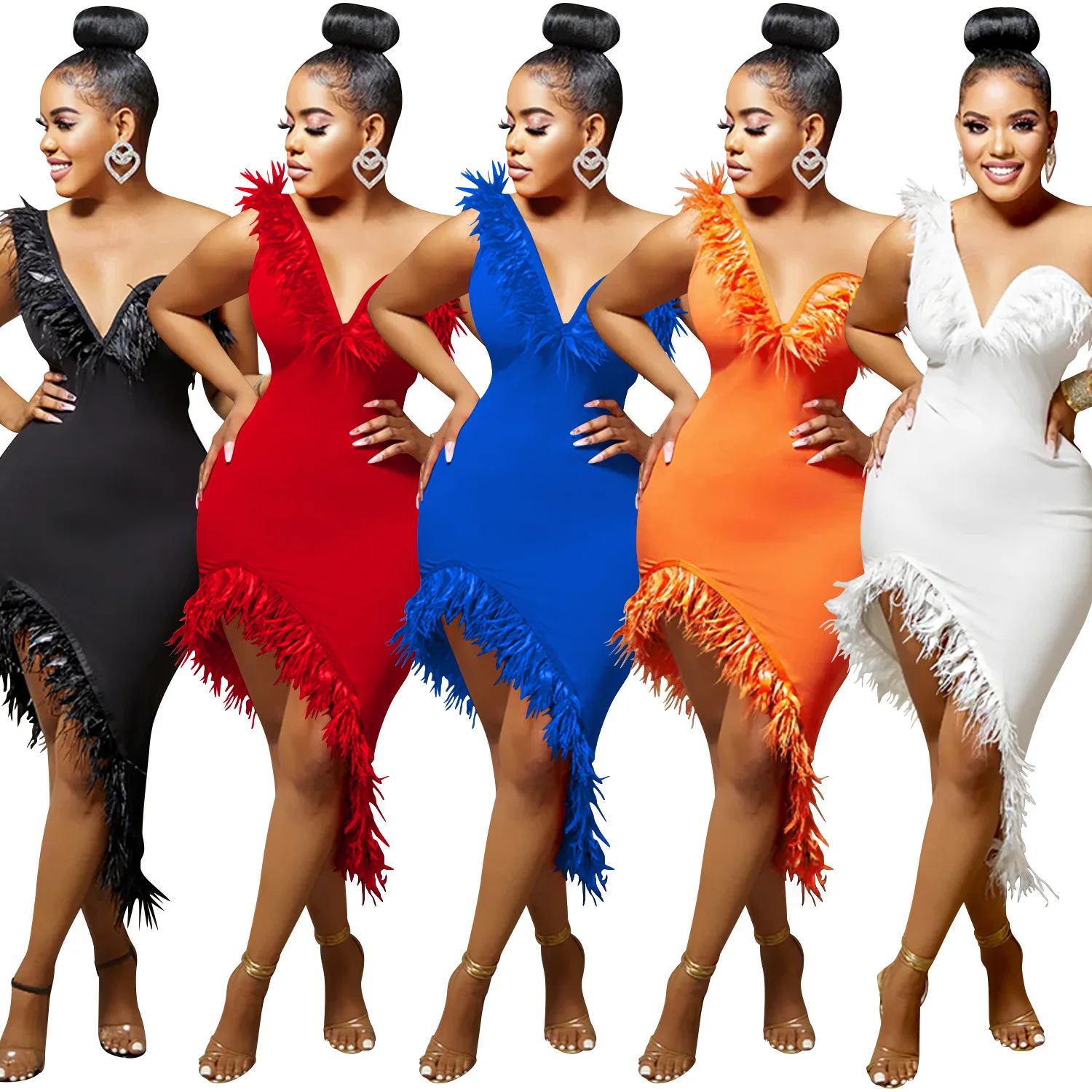 

EINYOO Women's New Solid V Neck Sleeveless Evening Party Chest Wrapping Feather Irregular Midi Skirt OL Dress Zevity Traf Y2K