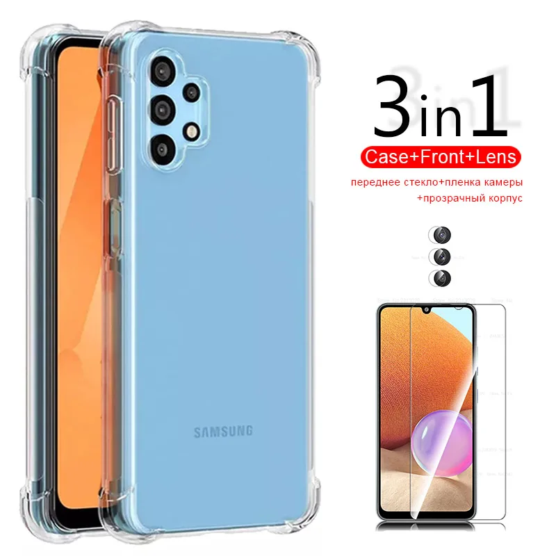 

Чехол для samsung a32 3 в 1, прозрачный чехол для samsung galaxy a32, a 32, 32, 32 a, зеркальное закаленное стекло, объектив камеры, чехол для телефона