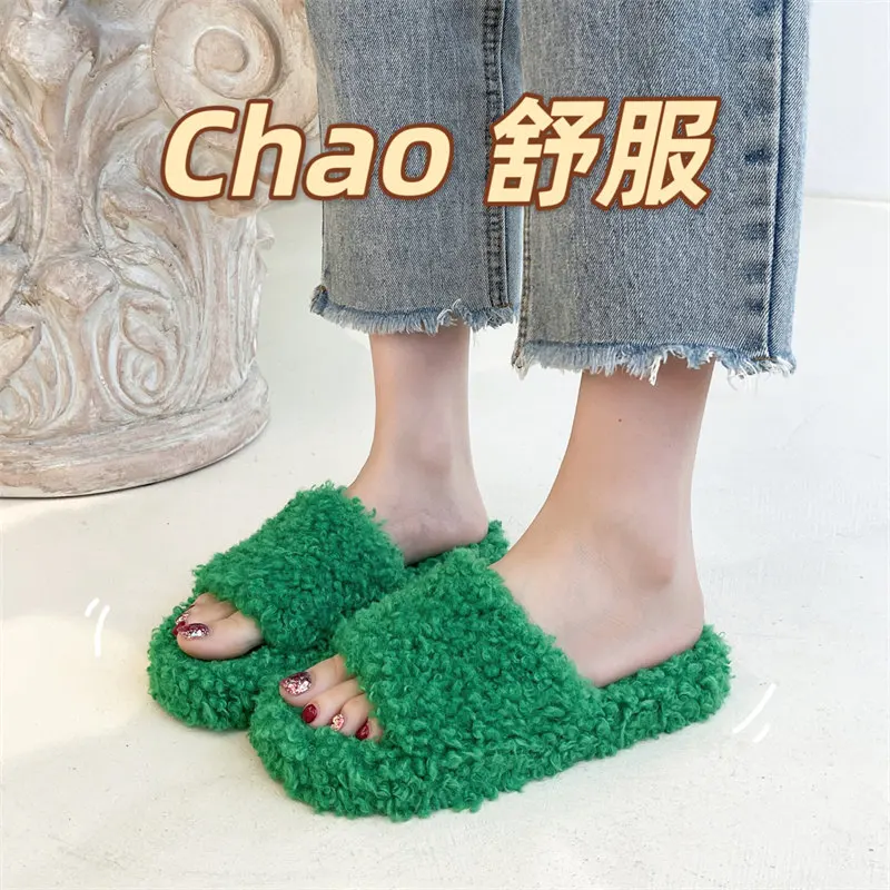 

Luxury One-word Thick-soled Warm Furry Women's Shoes Cotton Slippers Outdoor All-match Casual Slides 2023 Women Flop Slips New