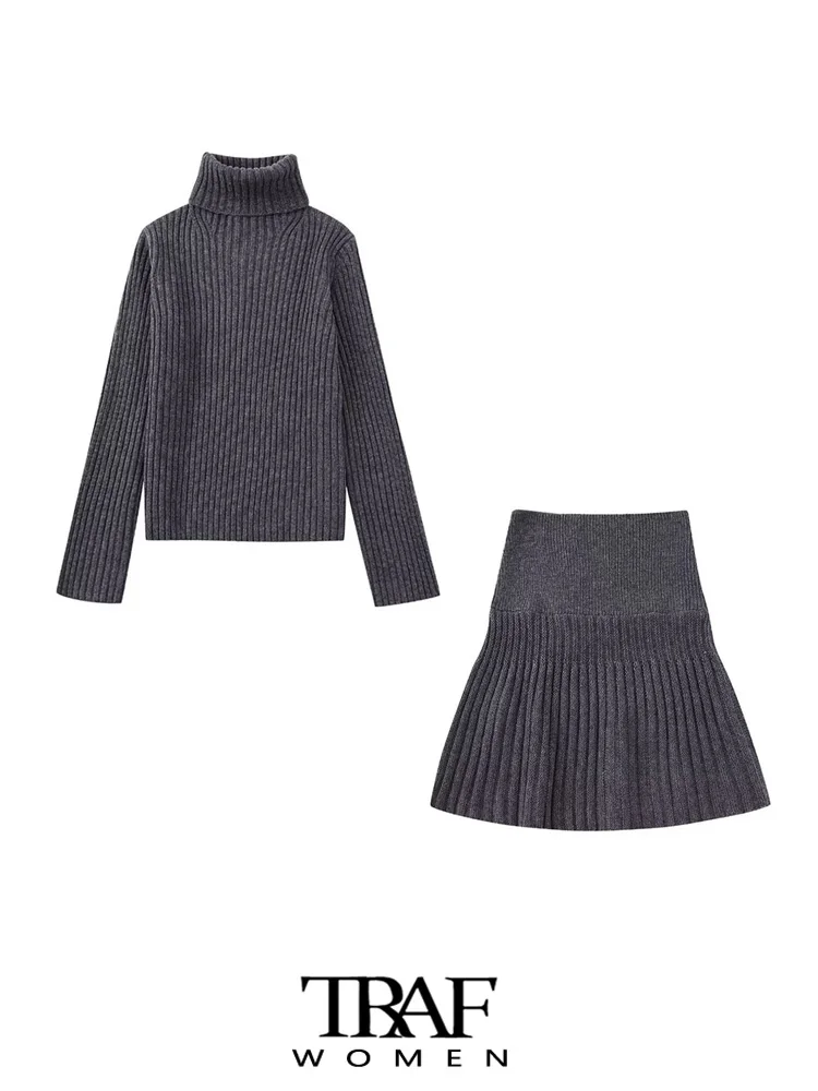 

TRAF Women Fashion Turtleneck Ribbed Knit Sweater And High Elastic Waist A Line Mini Skirt Female Two Piece Sets Mujer