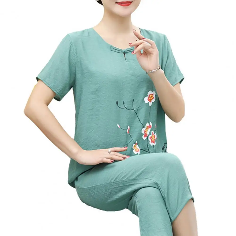 

2 шт./компл. женский пижамный комплект с круглым вырезом и цветочным принтом в стиле бабушки, летний пижамный комплект с эластичной талией, о...