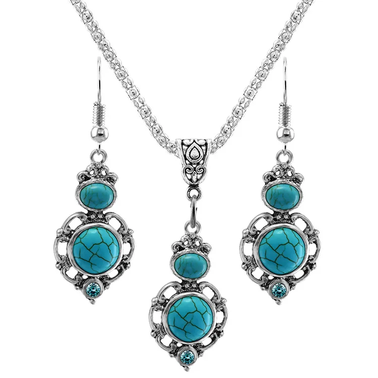 

New Ancient Silver Retro Thai Silver Court Style Turquoise Necklace + Earrings Set Turquoise Set Two-piece Decorations