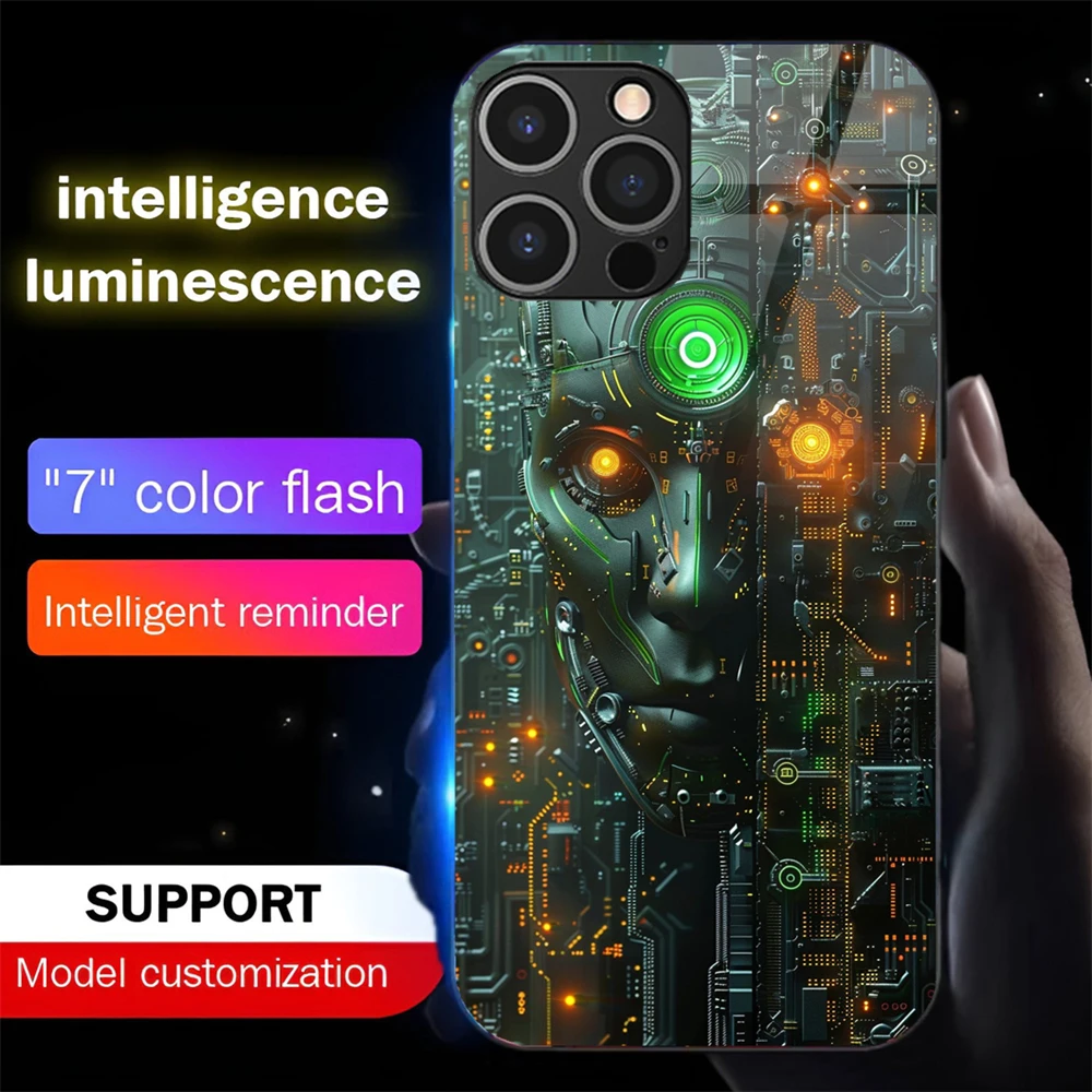 Фото Чехол для телефона Future Brain Design Smart LED Light Glow из закаленного стекла для iPhone Air 17, 16, E, 15, 14, 13, 12, 11 Pro Max Plus №1