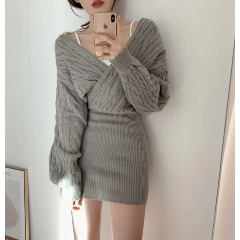 Элегантное вязаное платье с v-образным вырезом шикарное осенне-зимнее облегающее