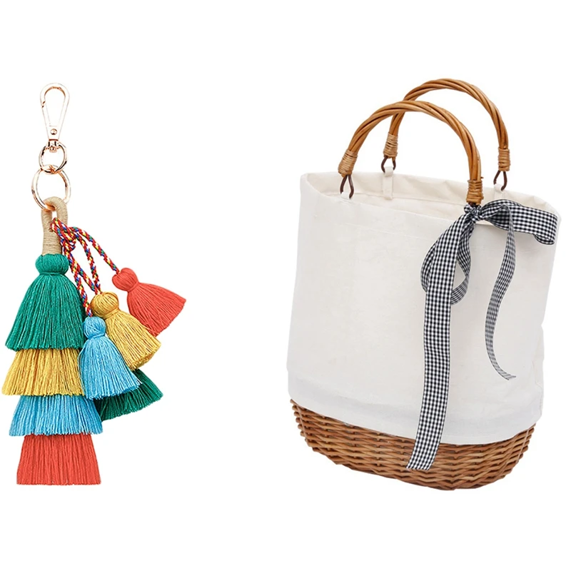 

Bag Waterproof Women Rattan Clutch Handbag With Vintage Boho Key Chain Tassel Pendant Hanging Ornament Woven Keychain