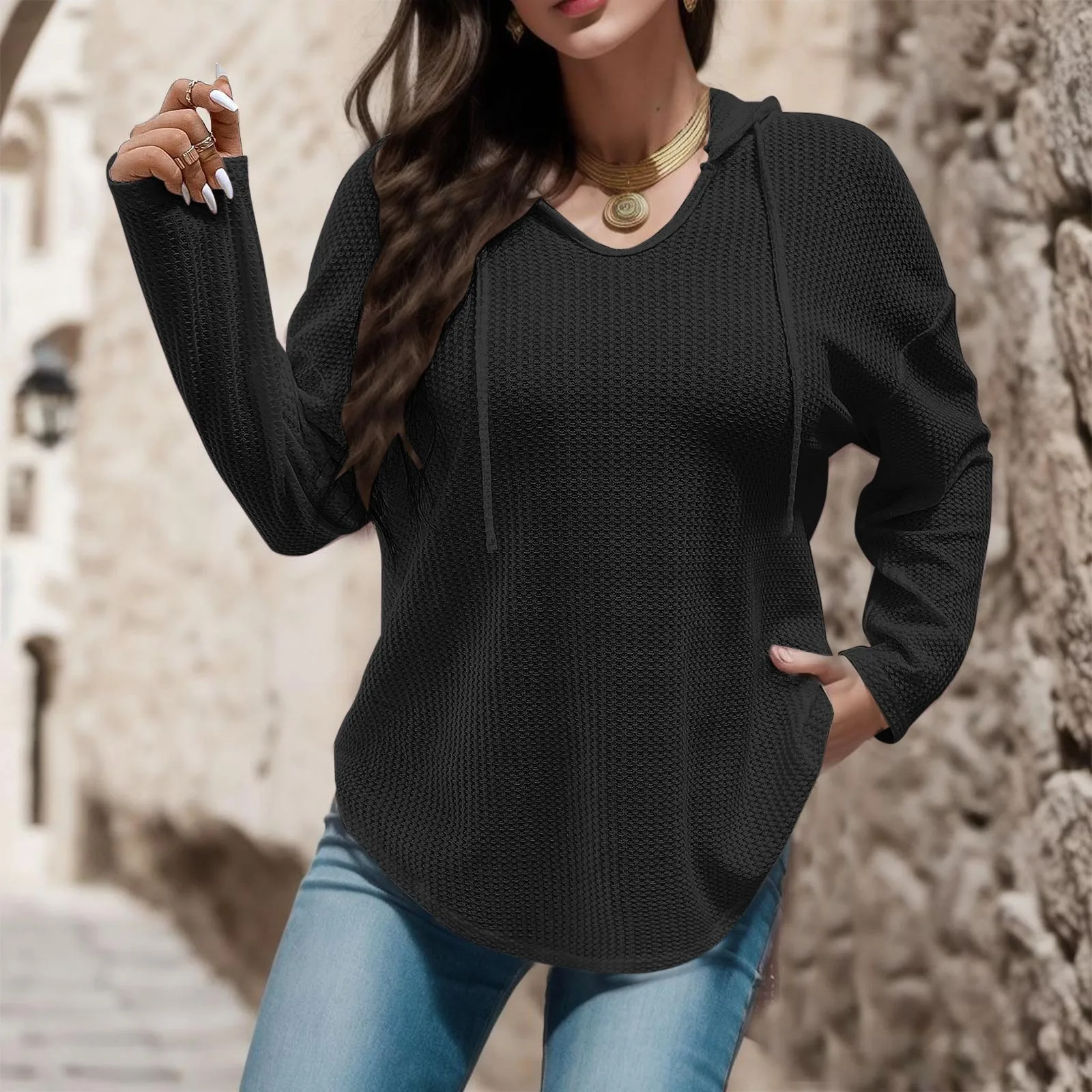 

Новинка 2023 года; Женские толстовки с капюшоном на завязках; Пуловер; Осенние толстовки; Повседневные однотонные топы с длинными рукавами и v-образным вырезом; Простой дизайн