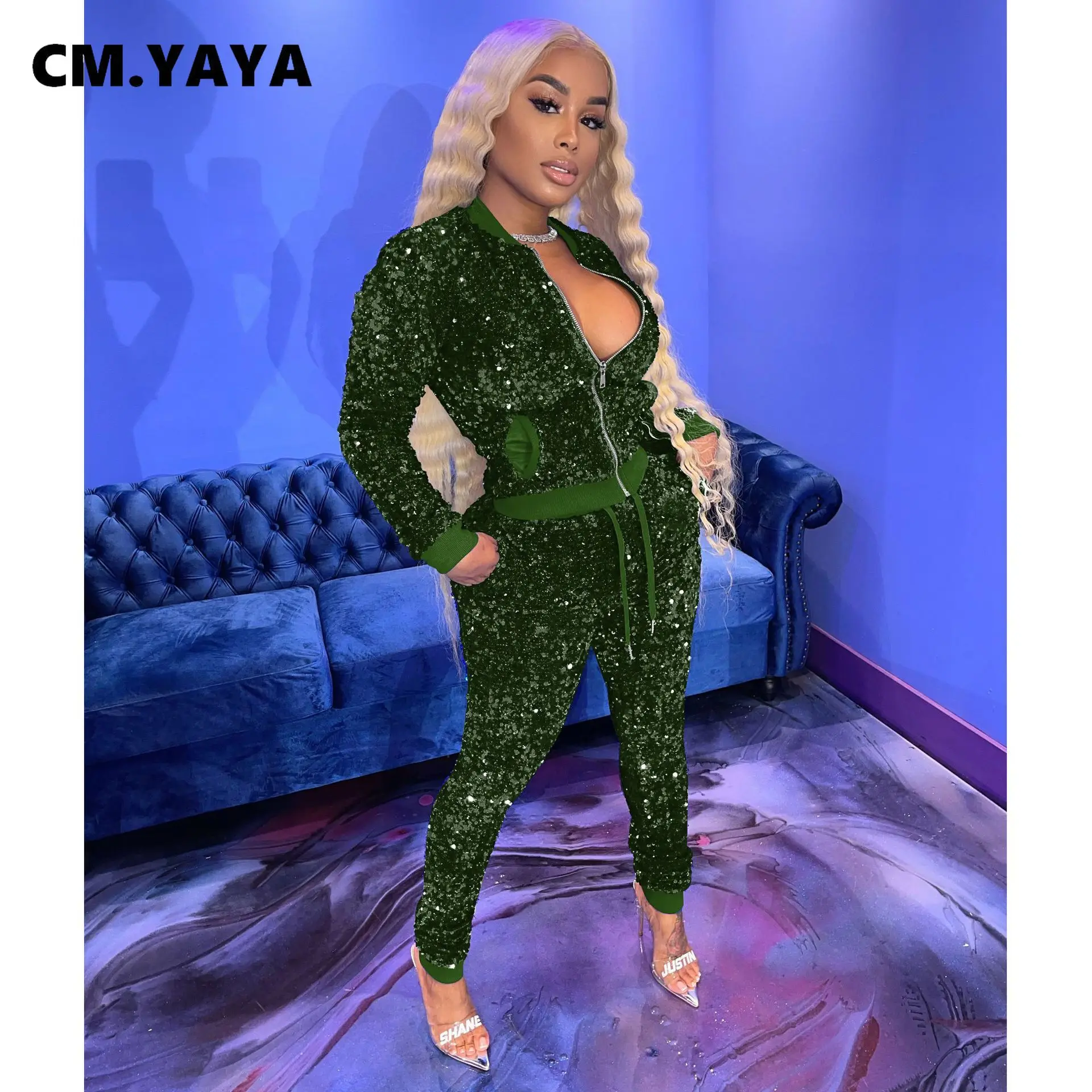 CM.YAYA Autumn Winter Streetwear Sequins Women's Set Zipper Fly Jacket and Pants Tracksuit Two Piece Fitness Outfits |