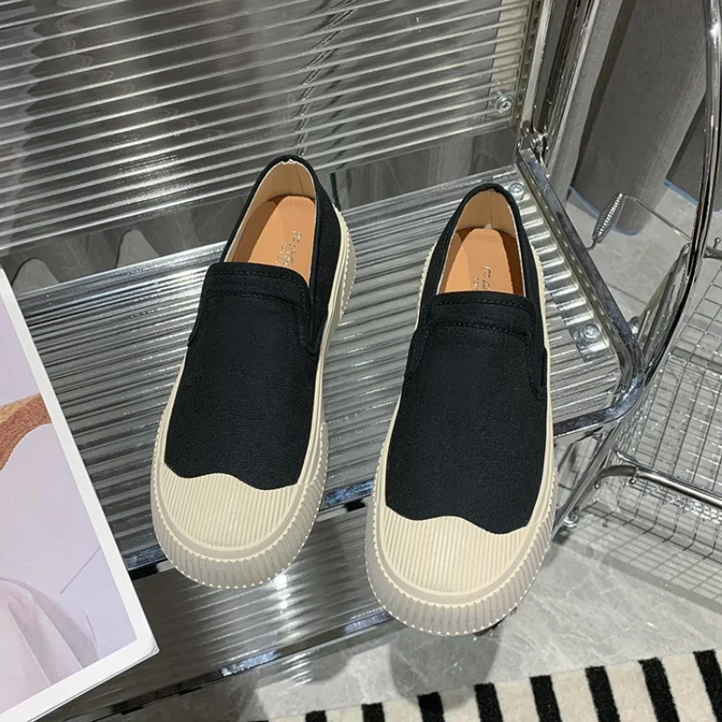 Thick Soled Canvas Loafer Shoes for Women's Design Sense Board Shoes Biscuit Shoes Color Matching Slip on Flats Casual Loafers