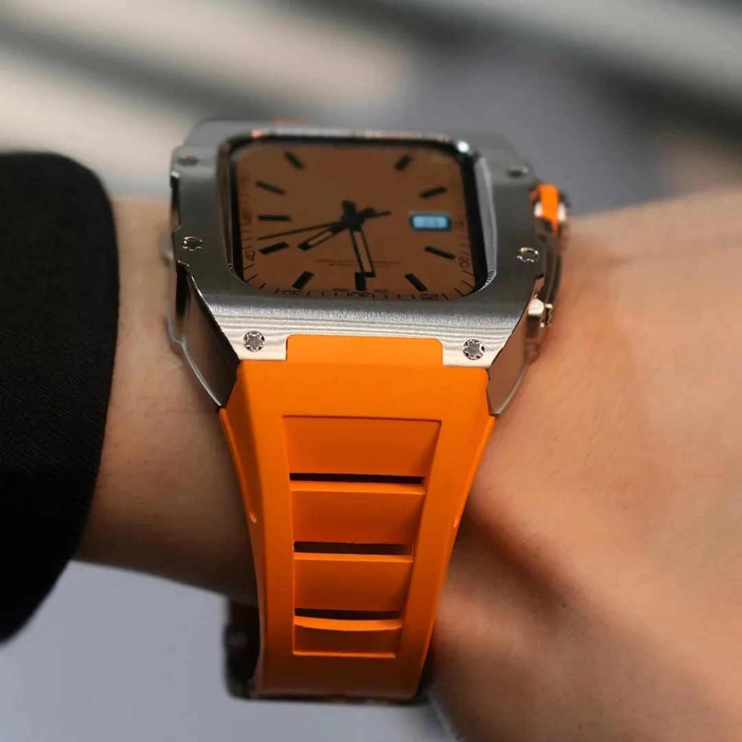 Luxury Titanium Stainless Steel Modification kit for Apple Watch 8 7 45mm Fluorine Rubber Strap for iWatch 6 5 4 3 44mm Band Set