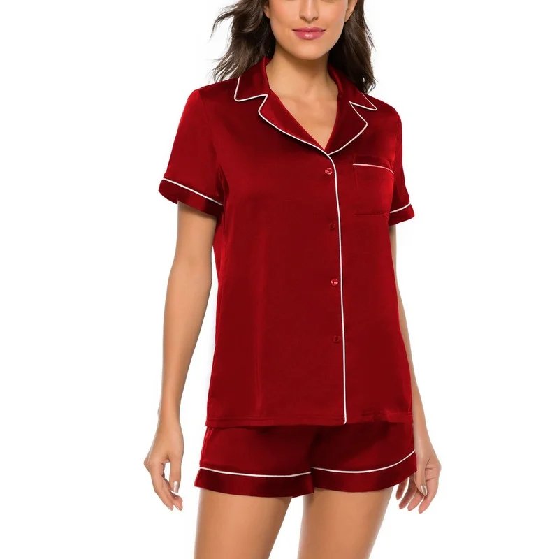 Womens Silk Satin Pajamas Pyjamas Set Short Sleeve Shirt and Shorts Pajamas Suit Home Loungewear Female Summer Two-piece Set
