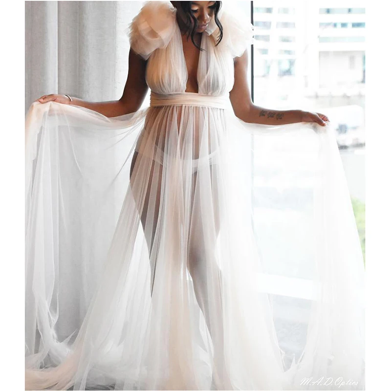Sexy Long Tulle Maternity Dress for Photo Shoot White Maternity Photography Dresses Maxi Gown Baby Shower Dress Photo Props