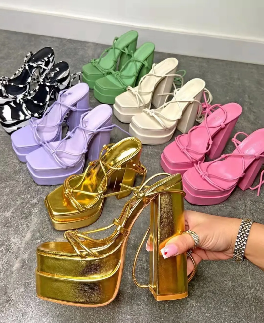

2022 New Sexy Summer Shoes Lace-up Woman Sandals Top Quality Chunky High Heels Platform Dress Party Wedding Lady Shoes 8-CHC-25