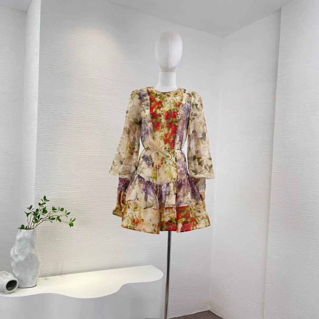 

Top Quality New Spring Summer 2023 Linen Silk Multi Floral Spliced Lantern Sleeve Mini Dress with Appliques Belt for Women