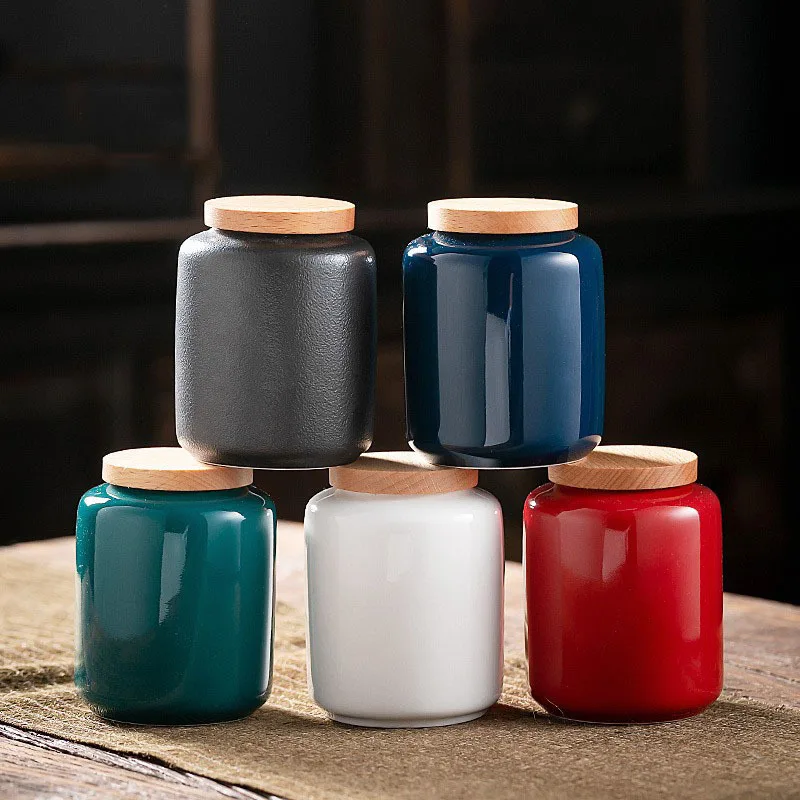 

European Portable Travel Tea Tank Bamboo Lid Sealed Ceramic Jar Mini Coffee Candy Tank Food Containers Crafts Decor Accessories