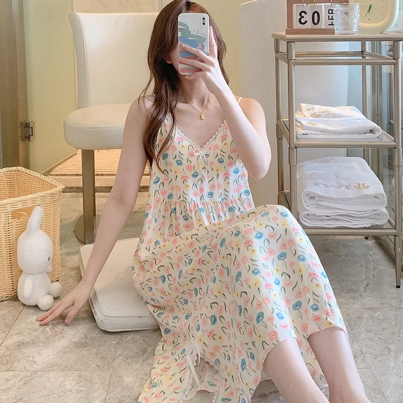 Women Summer Night Infections Printing Bra Sling Pajama Dresses Cotton Sexy Lace Long Length Student Room Wear Nighty For Lady