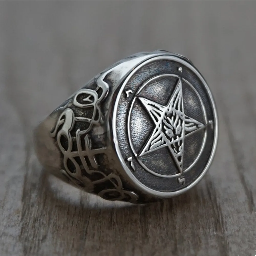 

ZHIXUN Occult Stainless Steel Sigil of Baphomet Ring Gothic Witch Church of Satan Cross Rings Satanic Lucifer Jewelry