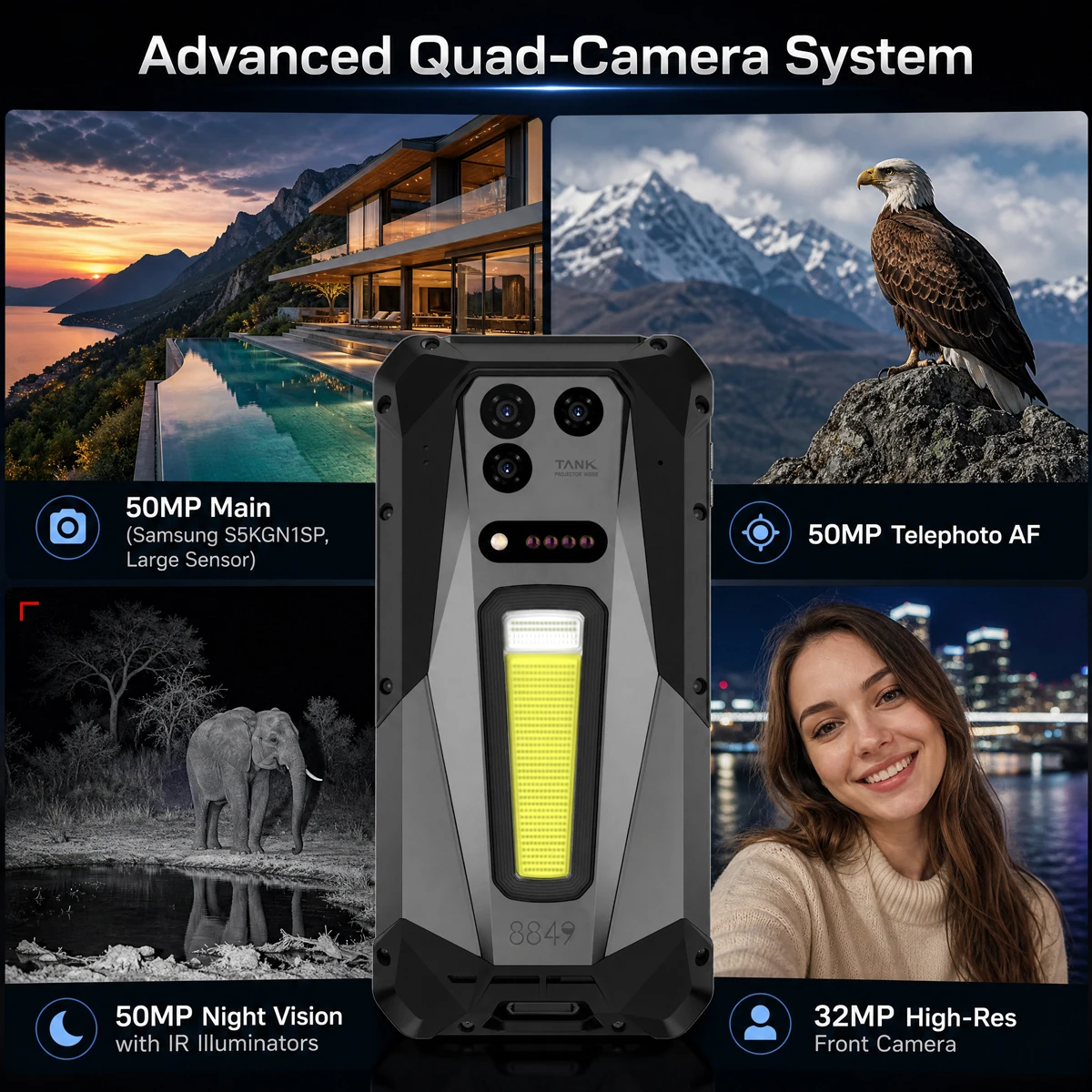 Фото 8849 TANK 5 Unihertz 2K Projector Rugged Smartphone с eSIM, процессором Dimensity 9400e, 3K AMOLED-дисплеем, батареей 17600 мАч, яркостью 220 люмен, 18 ГБ ОЗУ + 512 ГБ памяти, Wi-Fi 7 №5