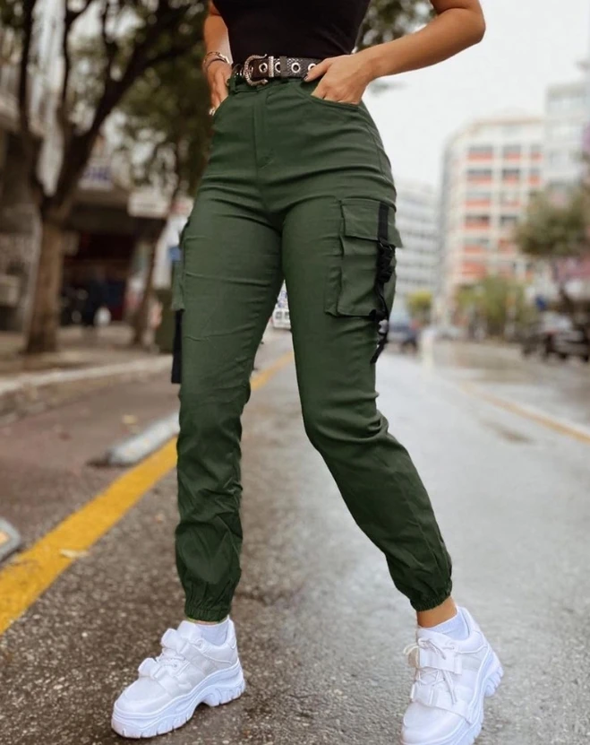 

2023 New Fashion Women's Pants Elegant Pocket Design Cuffed Cargo Pants Female Trouser Casual Bottom Female Clothing Outfits