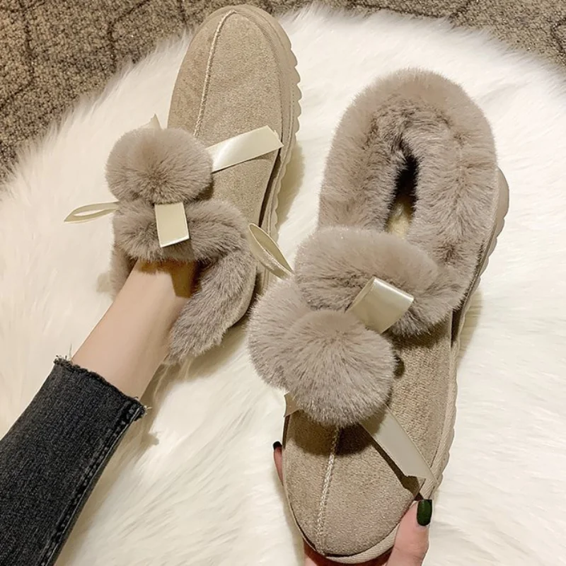 

Женские зимние ботильоны с круглым носком, плюшевые теплые женские зимние ботинки, новинка 2023, повседневная женская обувь на плоской подошв...