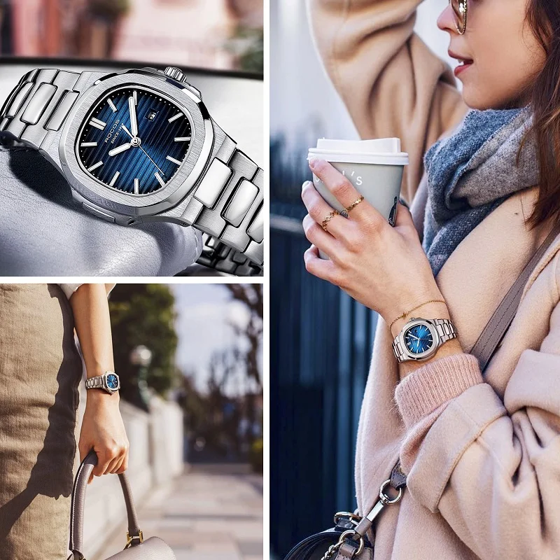 ROCOS Women's Waterproof Quartz Watch Luxury Women Bracelet Quartz Blue Dial Square Watch Stainless Steel Quartz Watch R0139L enlarge