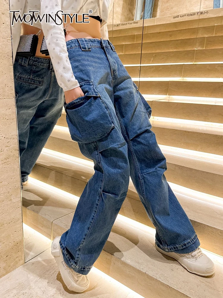 

Женские джинсы с высокой талией TWOTWINSTYLE, широкие брюки в стиле пэчворк на пуговицах, модная одежда для осени