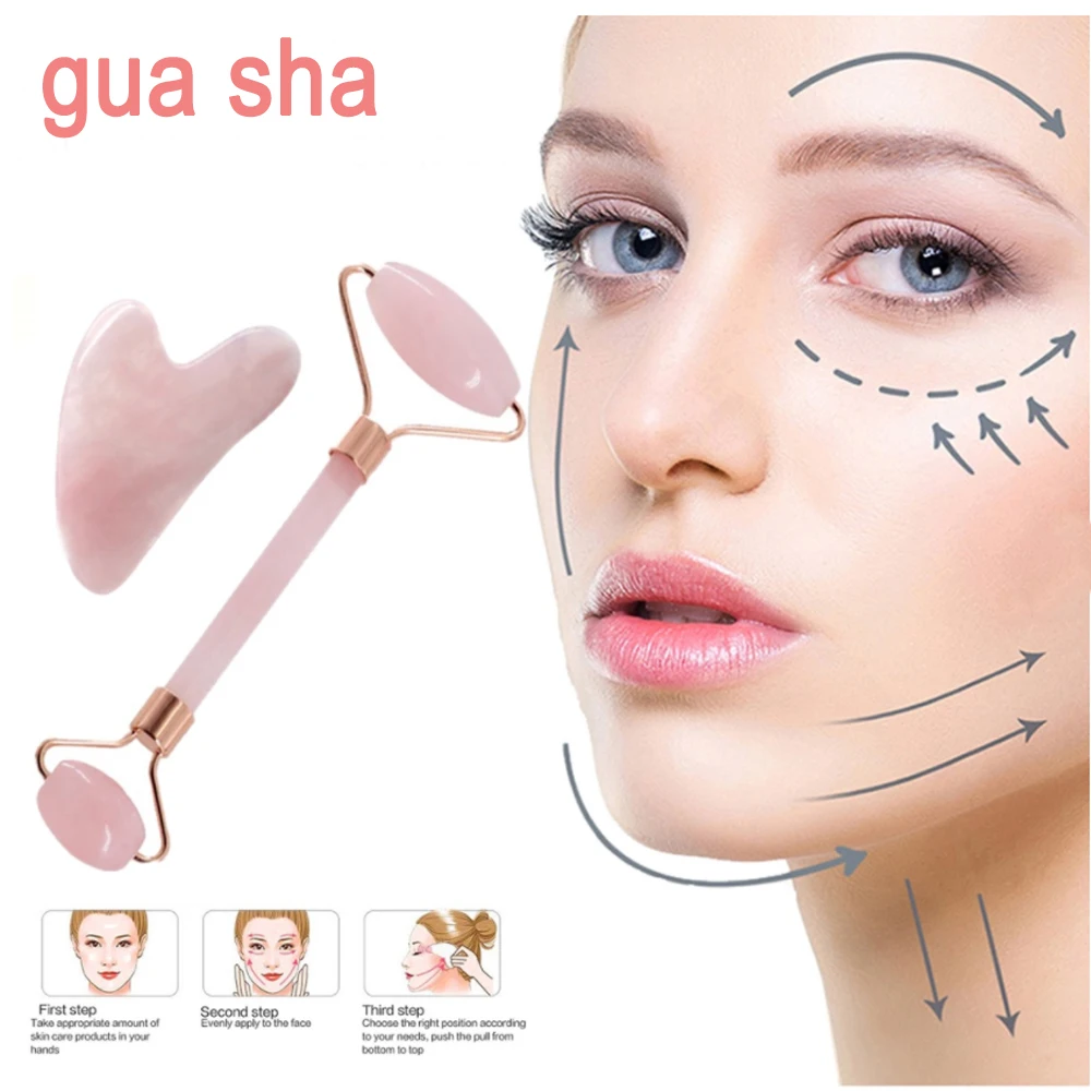 

Scraping Board Natural Pink Roller Guasha Skin Scraper Face Set Beeswax Firming Face Anti-Aging Puffy Eyes Massager Anti Wrinkle
