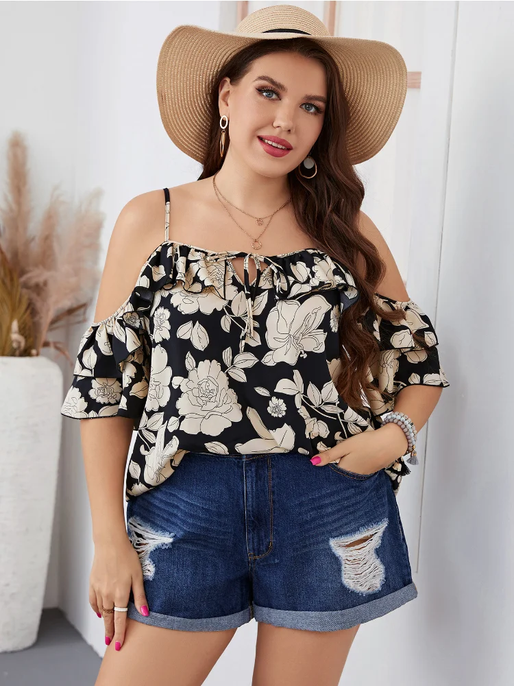 Plus-size shirt temperament, commuter collar, suspenders, fashion print, women's lapels, chiffon plus size feminino