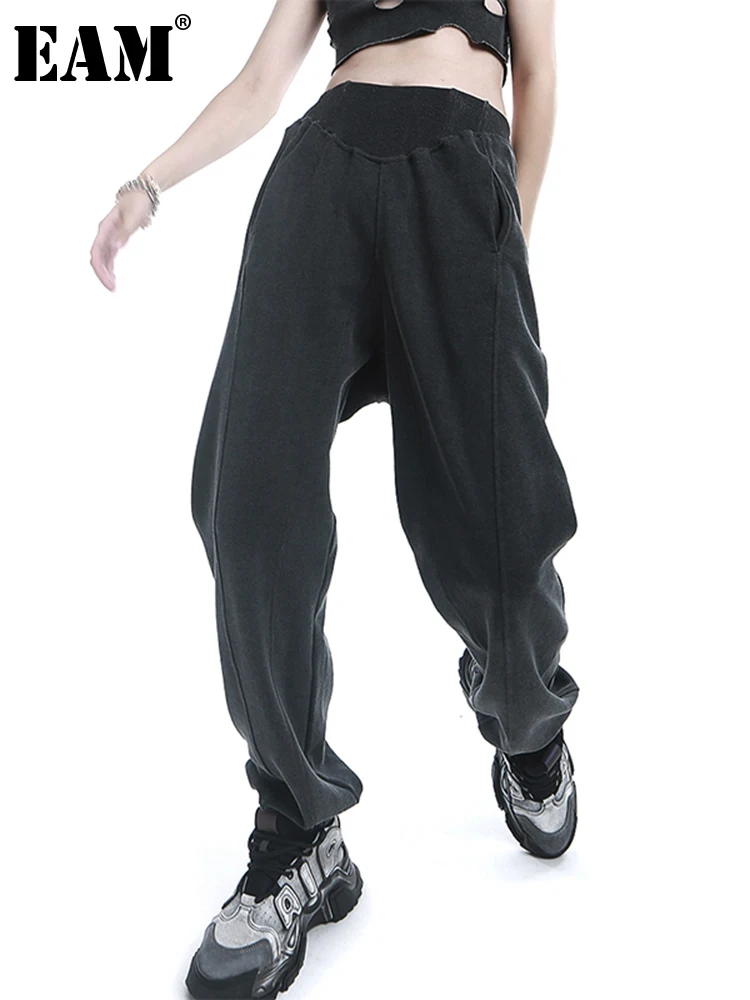 

[EAM] High Elastic Waist Gray Brief Long Harem Trousers New Loose Fit Pants Women Fashion Tide Spring Autumn 2022 1DE4346