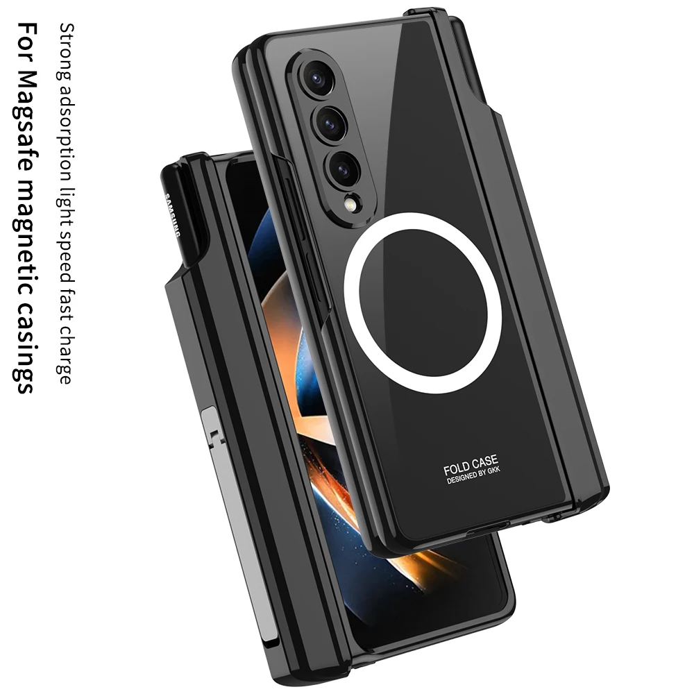Electroplated Magnetic Hinge Pen Holder Case For Samsung Galaxy Z Fold 4 Case Wireless Charging With Glass Film Cover For Fold4