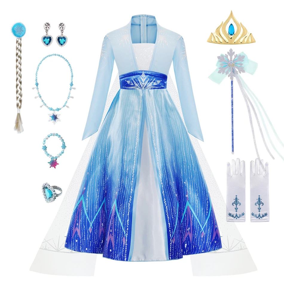 

Elsa Dress Kids Halloween Cosplay Children Princess Costume Dresses Crown Wand Gloves Carnival Birthday Party Clothes
