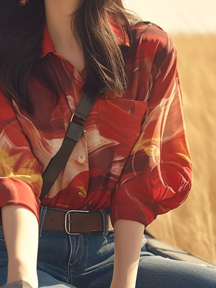 Шифоновая женская рубашка летняя винтажная Свободная блузка с принтом