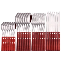 stainless steel cutlery set 24pcs wooden handle forks knives spoon dinnerware set western kitchen silverware tableware set