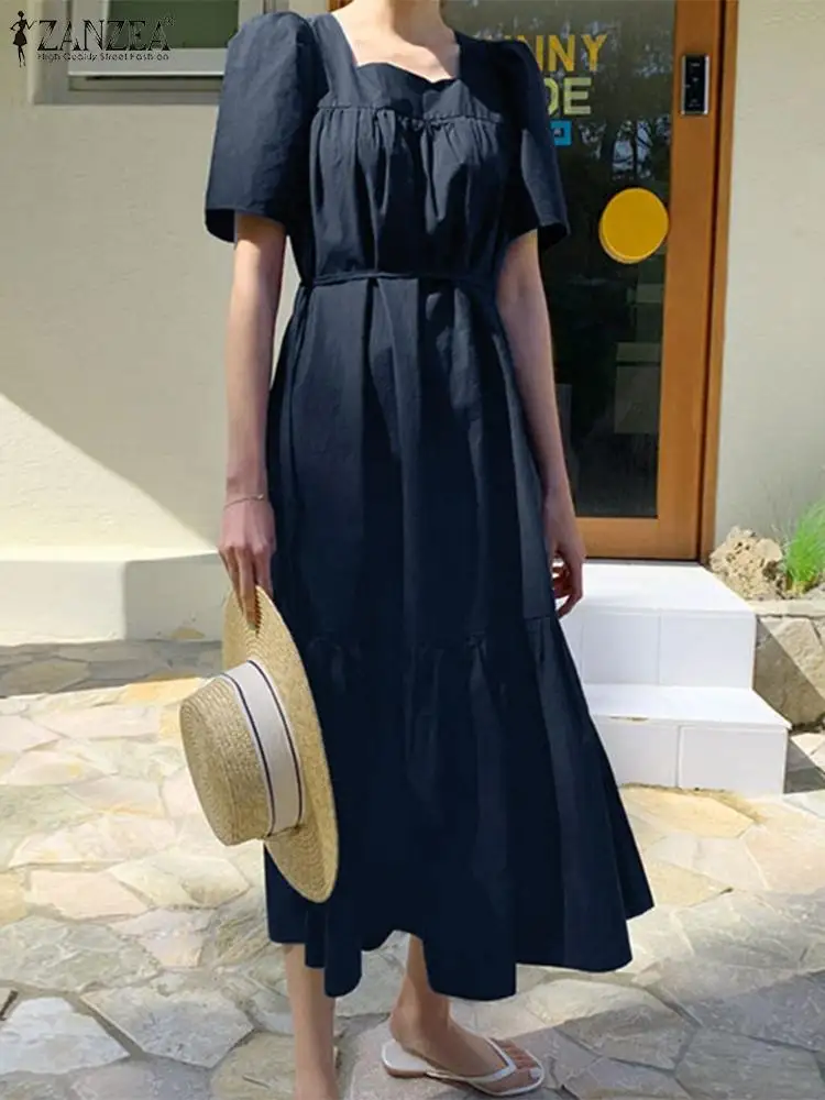 

Платье ZANZEA женское с квадратным вырезом, элегантное офисное однотонное платье до середины икры, с оборками на подоле, лето 2023