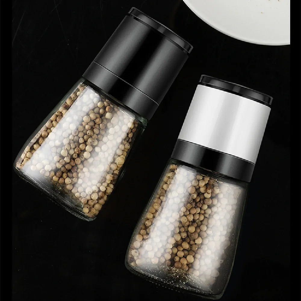 

Simple Manual Pepper Spice Grinder Adjustable Thickness Transparent Glass Ceramic Grinding Bottles Two Pack Black and White Set