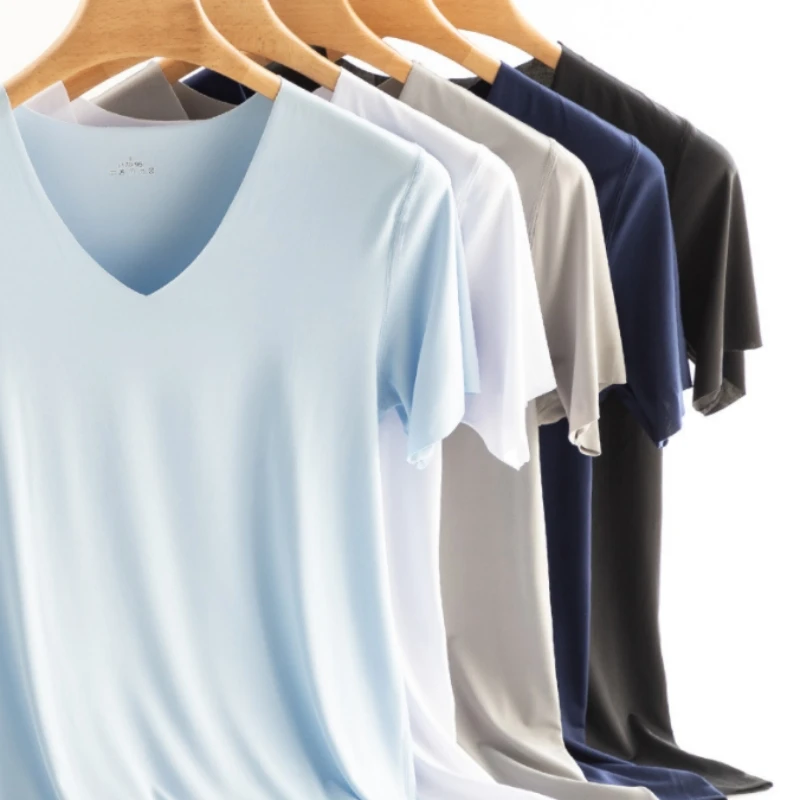 

Летняя тонкая женская бесшовная футболка из ледяного шелка с коротким рукавом и V-образным вырезом, базовая хлопковая футболка, Мужская облегающая тонкая футболка с внутренней отделкой