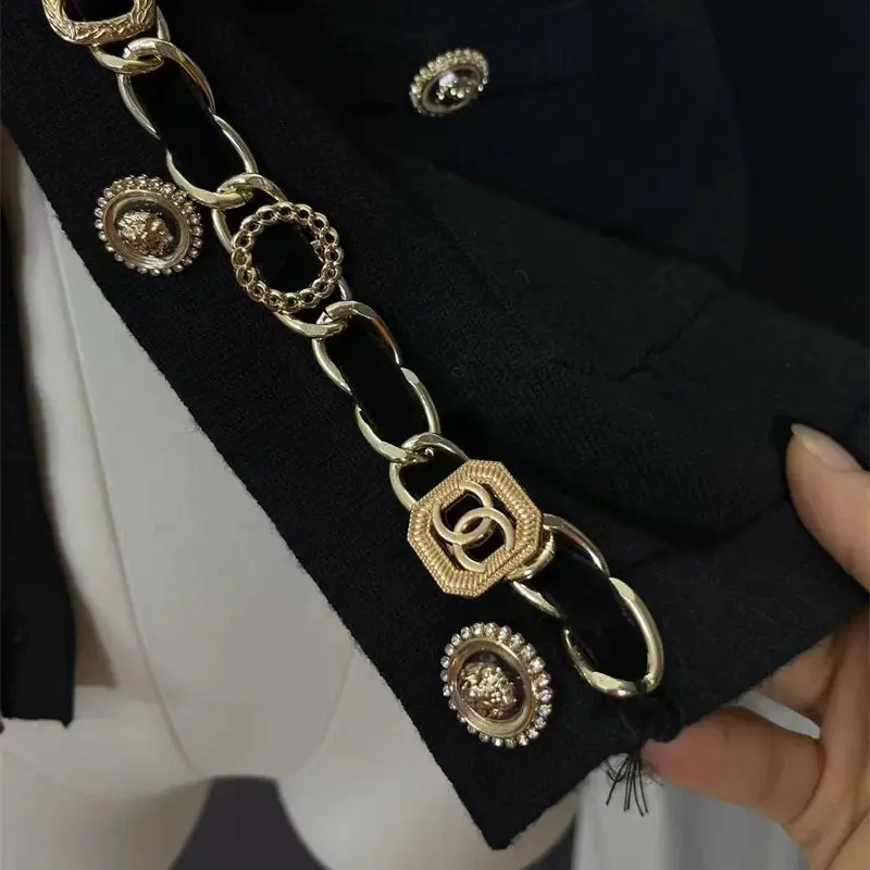 luksusowy metalowy łańcuszek kaszmirowy sweter damski z długim rękawem Vintage guziki dzianinowy wełniany płaszcz elegancki top biurowy J809