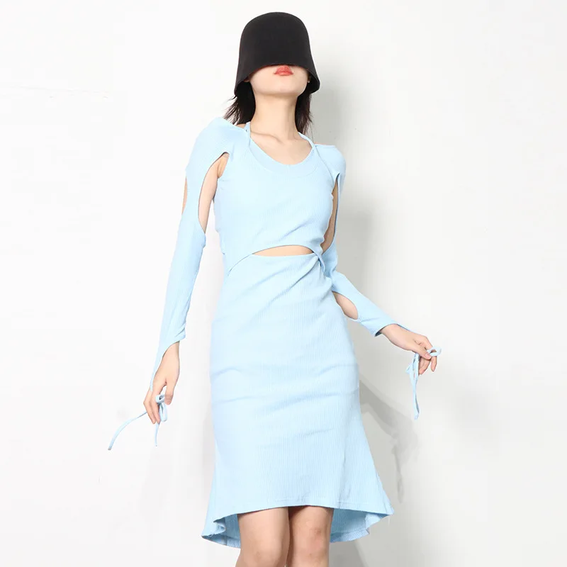 

European and American Style Fashion Sexy Solid Color Dress 2022 Summer New Women's V-neck Slim Straps Hollow Hip Skirt Women