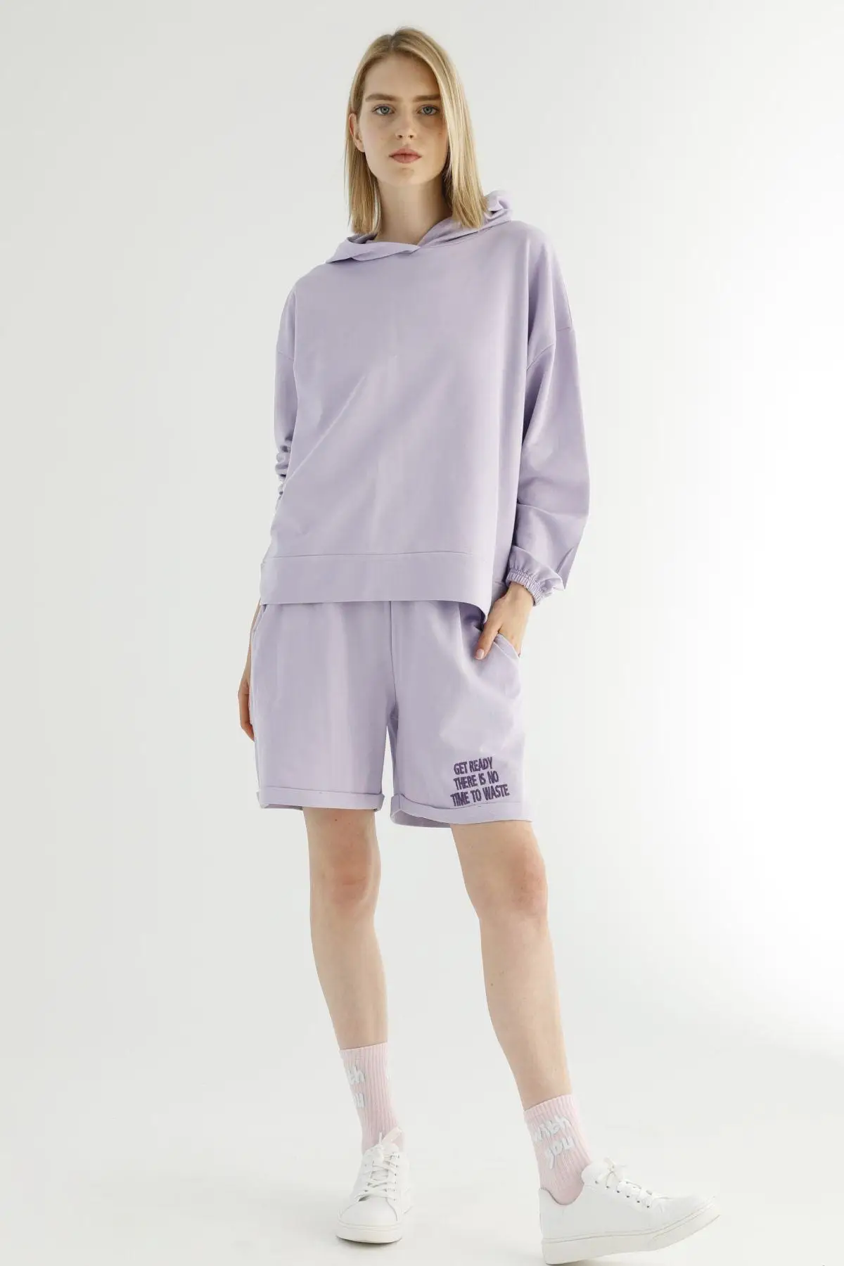 

Lilac Hooded Pocket Shorts Tracksuit-Sweatshirt Set