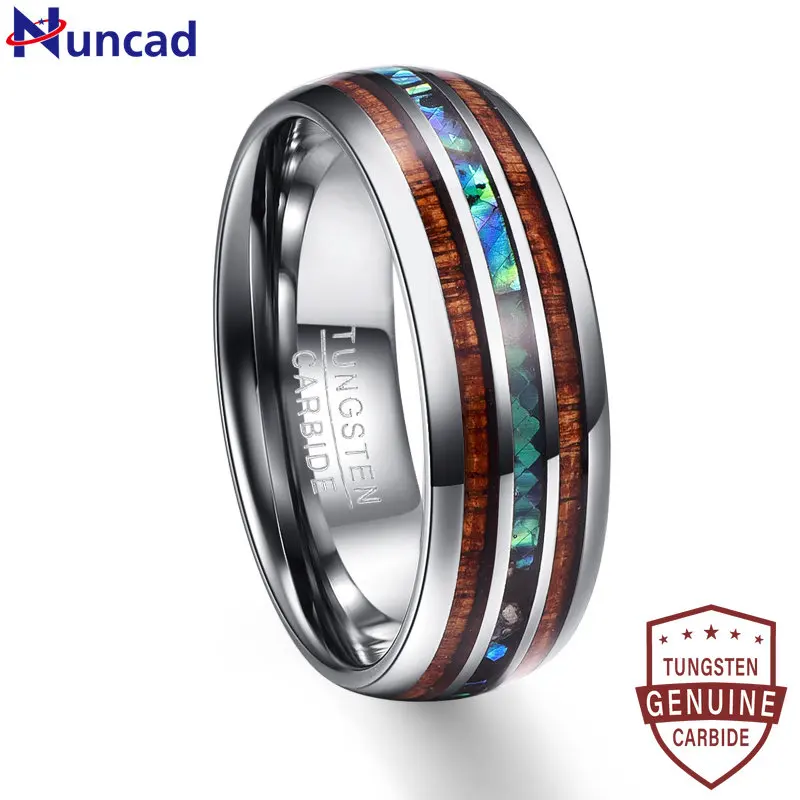 

Silver Color Koa Wood Abalone Inlay High Polish 8mm width 100% Genuine Wedding Band Elegance Tungsten Carbide Rings For Men