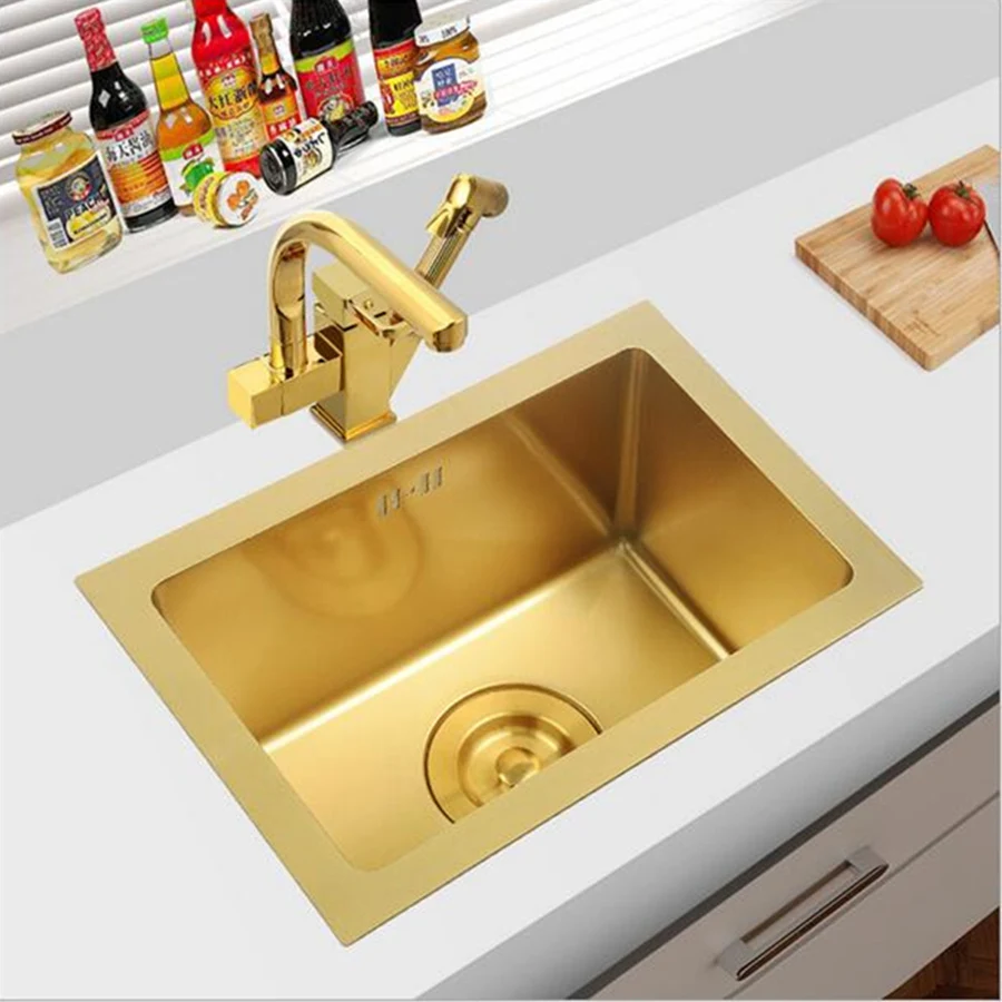 

Brushed Gold Kitchen Sink SUS304 Stainless Steel Under Mount Kitchen Towel Undermount Basket Strainer, single bowel
