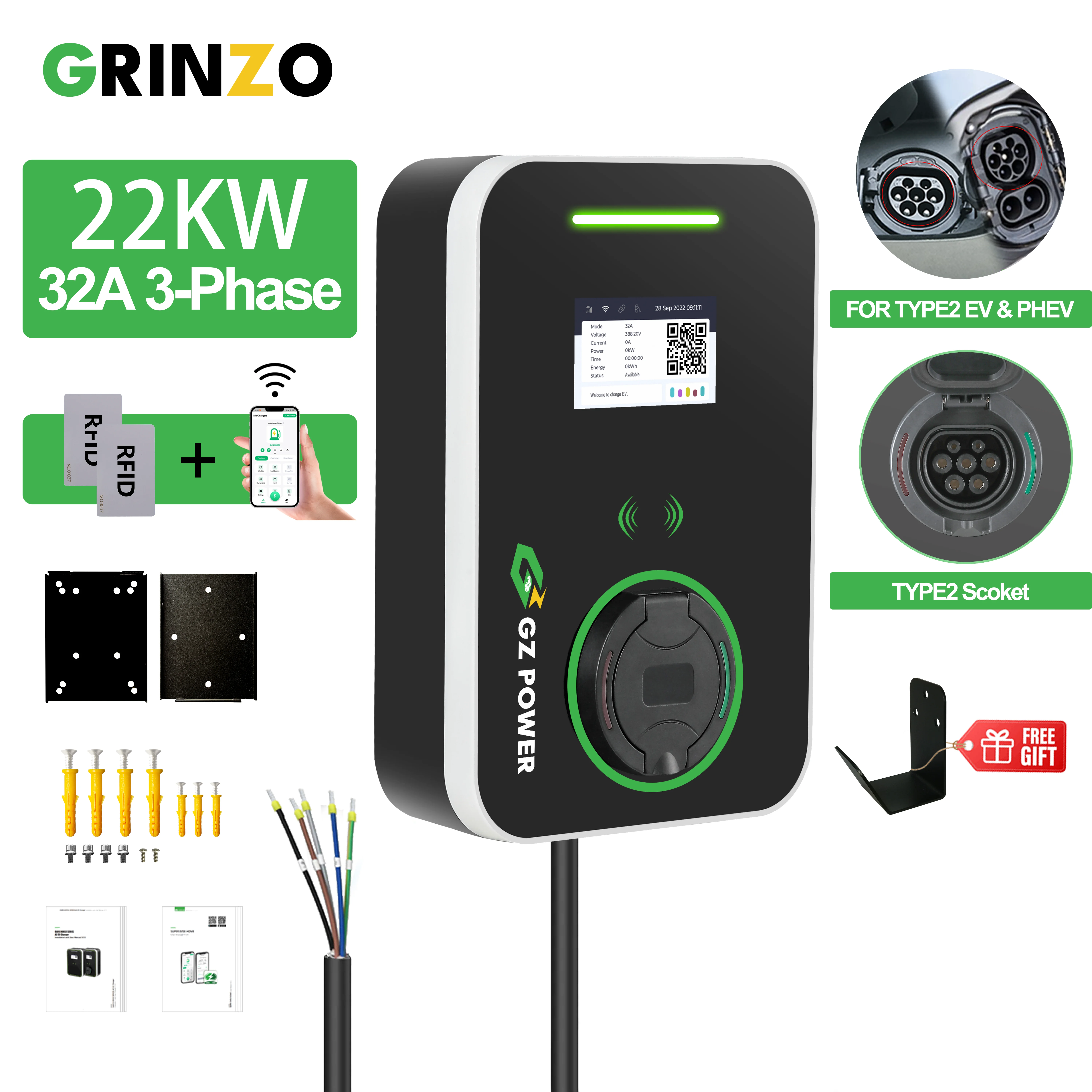 Тип 2 разъем IEC 62196-2 61851 22 кВт для электромобиля EV зарядное устройство 32A 3-фазный EVSE