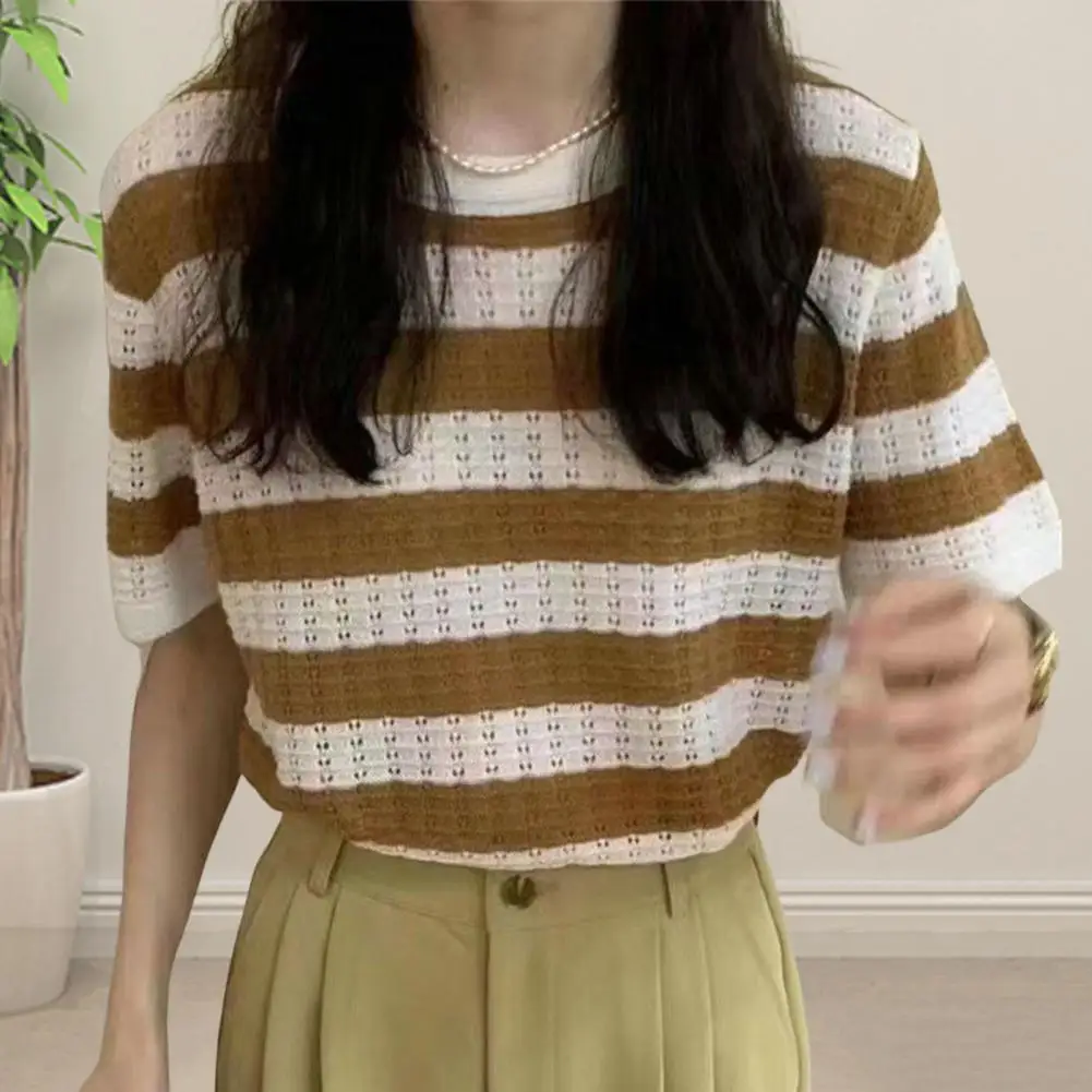 

Простая летняя футболка, Удобный Повседневный Топ с круглым вырезом, Женский пуловер в полоску с принтом, топ для одевания