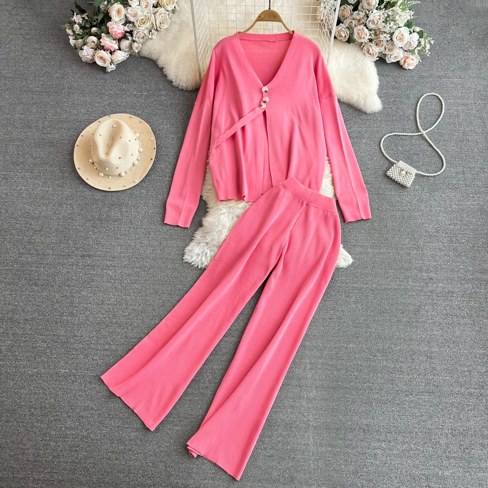 

Women Knit Two Pieces Sets Fashion Long Sleeve V Neck Loose Cardigan and Hotsweet High Waist Elegant Casual Wide Leg Pant Sets