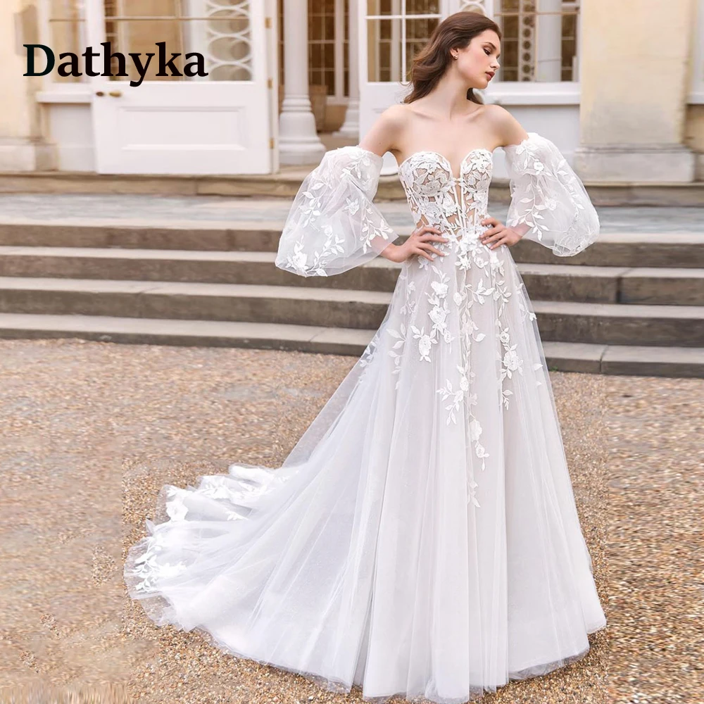 

Dathyka Exquisite Puff Sleeve Wedding Dresses Sweetheart Appliques A-line Brides Married Gowns Robe De mariée Personalised