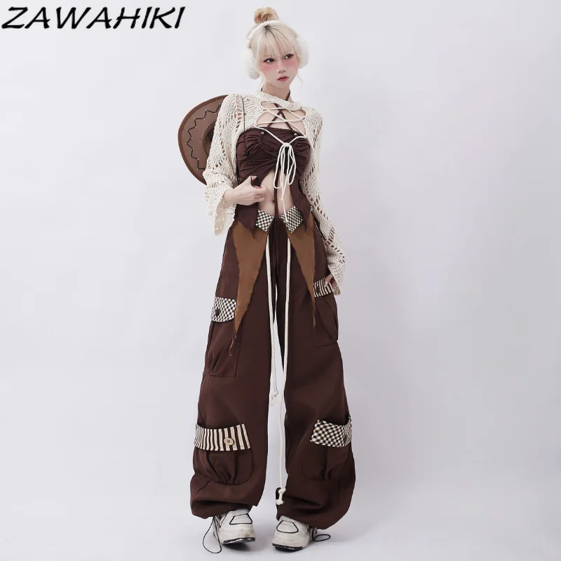 

Летние американские ретро шикарные дизайнерские брюки-карго с несколькими карманами свободные универсальные Лоскутные широкие брюки контрастных цветов