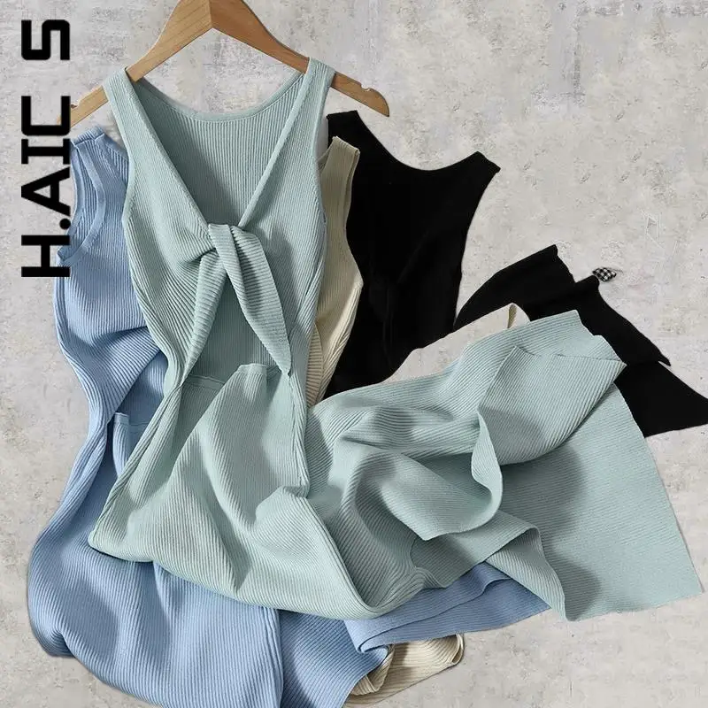 

H.Aic S Fashion Women Dress V Neck Sleeveless Kink Hollow Out Sexy Slim Bodycon Dress Soft Outfits Club All-Match Vestidos