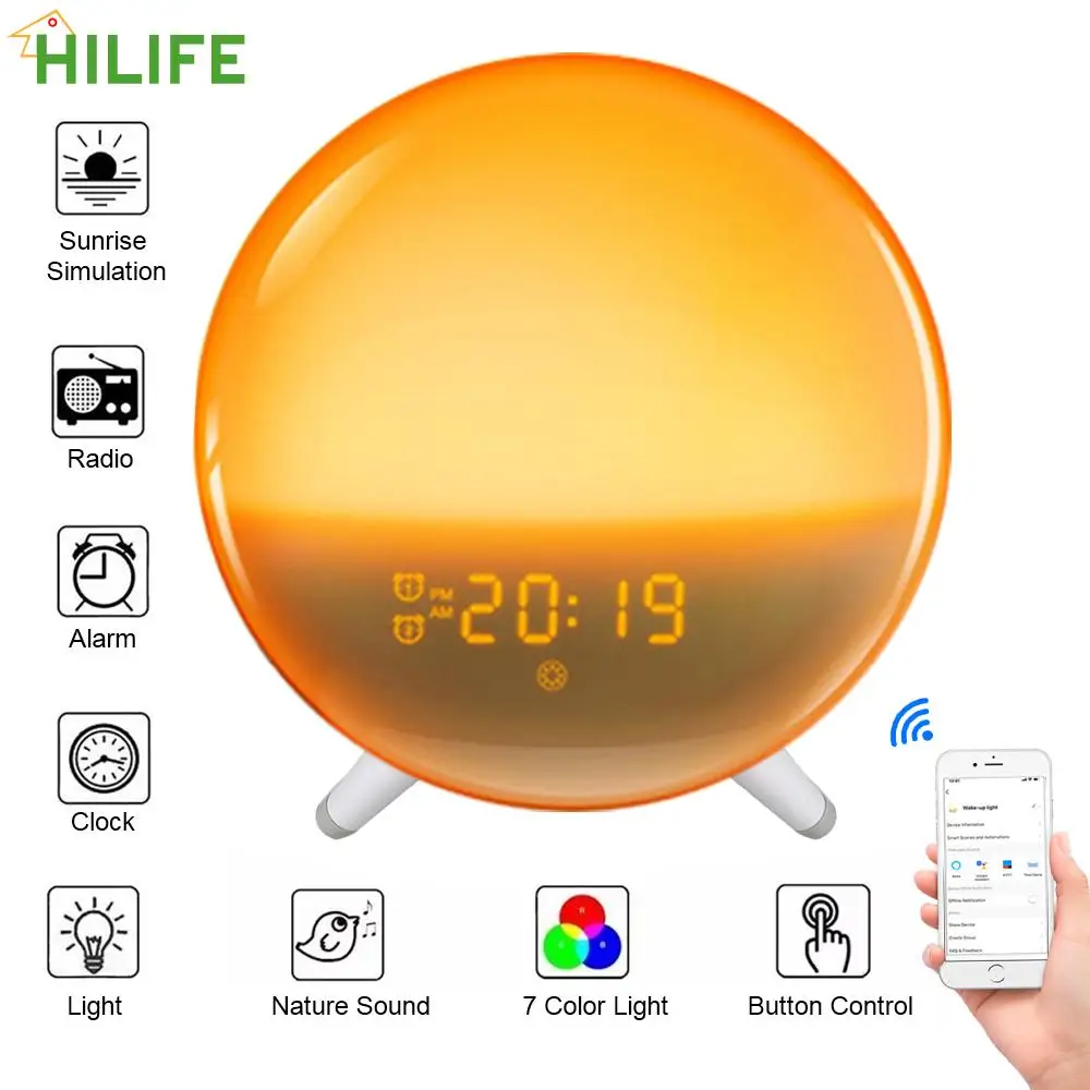

Sunrise Sunset Alarm Snooze Digital Radio Alarm Clock WiFi Smart Life Tuya App Control Electronic Night Clock with Alexa Google