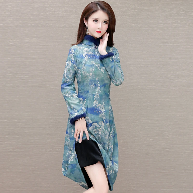 Новое китайское улучшенное повседневное носимое платье с длинными рукавами для