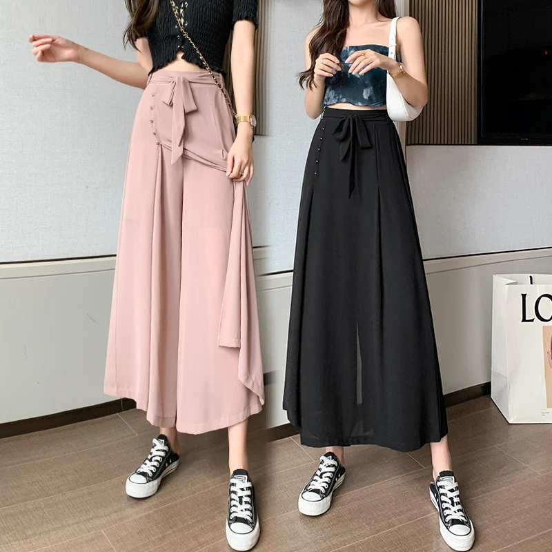 

Chiffon Wide Leg Pants Women High Waist Patchwork Hakama Pants Skirt Korean Fashion Trousers Loose Casual Thin Pantalones New